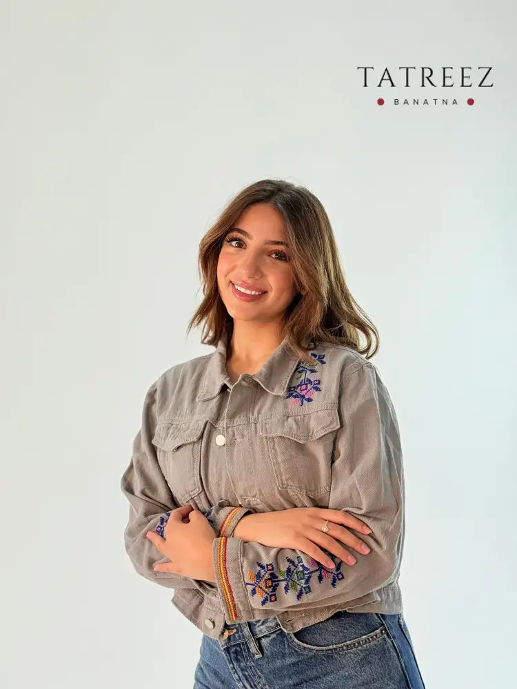 Stylish Grey Jeans Jacket with Unique Embroidery Designs | Handcrafted Beauty Clothing & Wearables