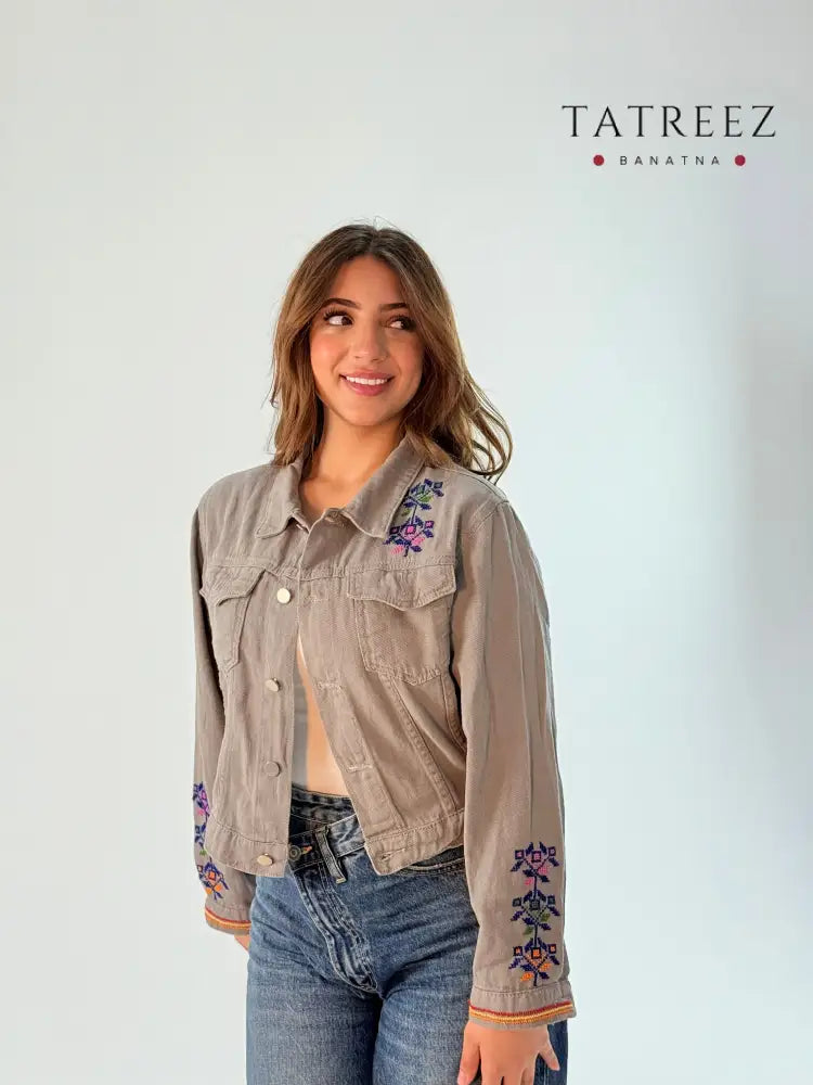 Stylish Grey Jeans Jacket with Unique Embroidery Designs | Handcrafted Beauty Clothing & Wearables