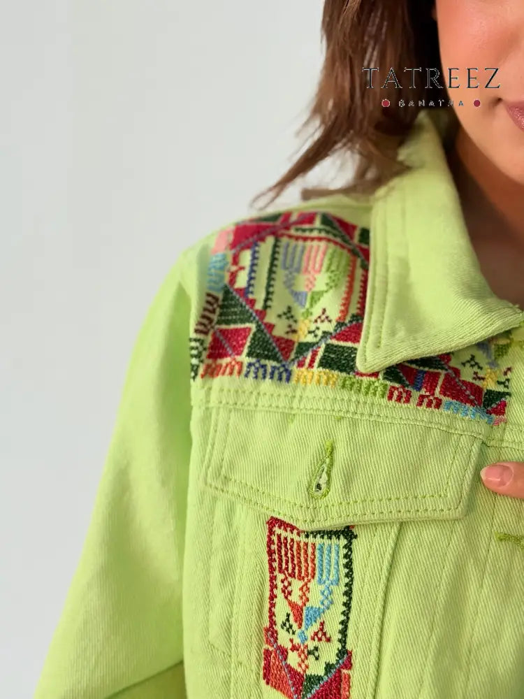 Stylish Pistachio Green Jeans Jacket with Handmade Front and Back Embroidery | Artisan Fashion Clothing & Wearables