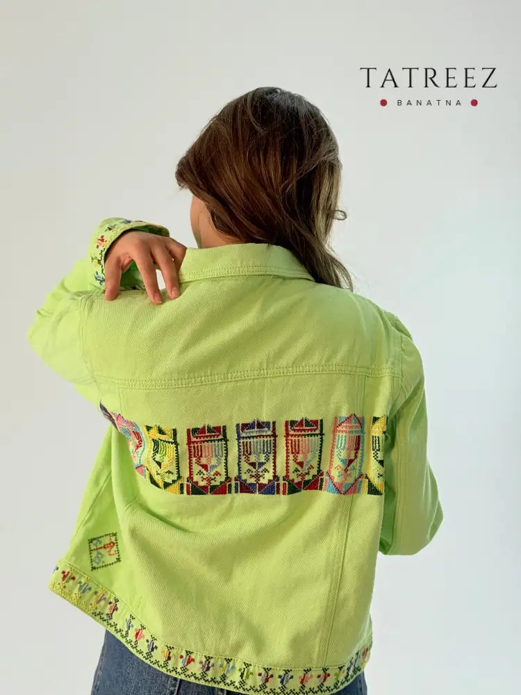 Stylish Pistachio Green Jeans Jacket with Handmade Front and Back Embroidery | Artisan Fashion Clothing & Wearables