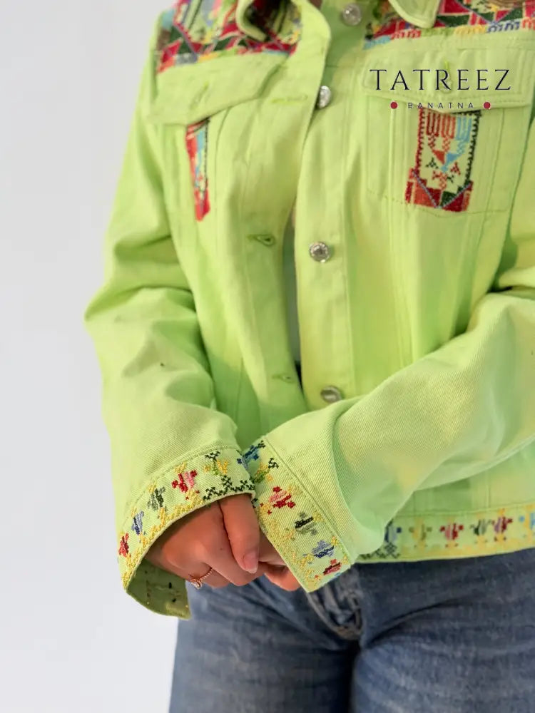 Stylish Pistachio Green Jeans Jacket with Handmade Front and Back Embroidery | Artisan Fashion Clothing & Wearables