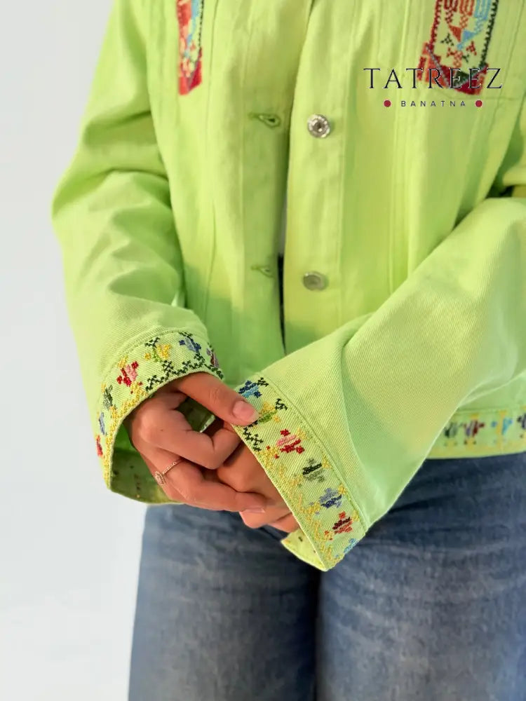 Stylish Pistachio Green Jeans Jacket with Handmade Front and Back Embroidery | Artisan Fashion Clothing & Wearables