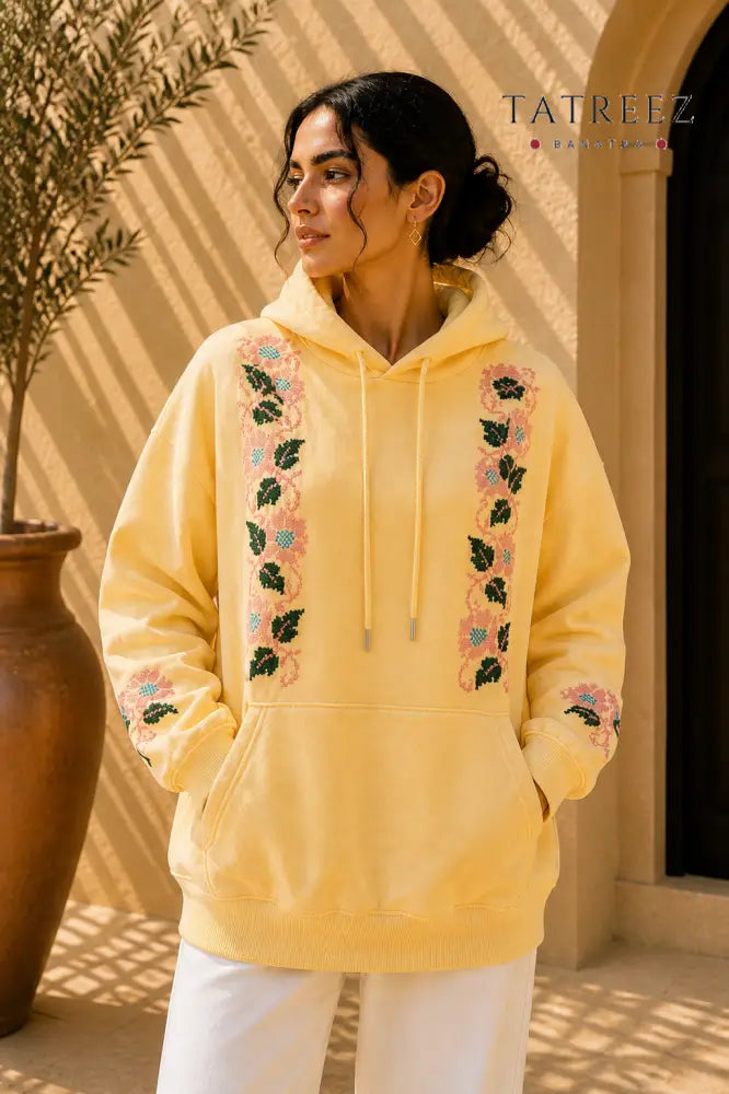Sunny Yellow Hoodie – Hand-Embroidered Floral Palestinian Tatreez - Clothing & Wearables