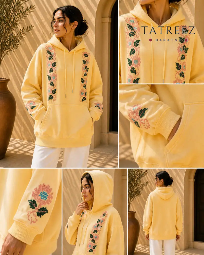 Sunny Yellow Hoodie – Hand-Embroidered Floral Palestinian Tatreez - Clothing & Wearables