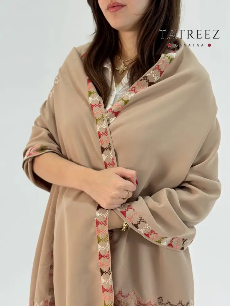 Swan Embroidered Georgette Shawl | Tatreez Banatna Clothing & Wearables