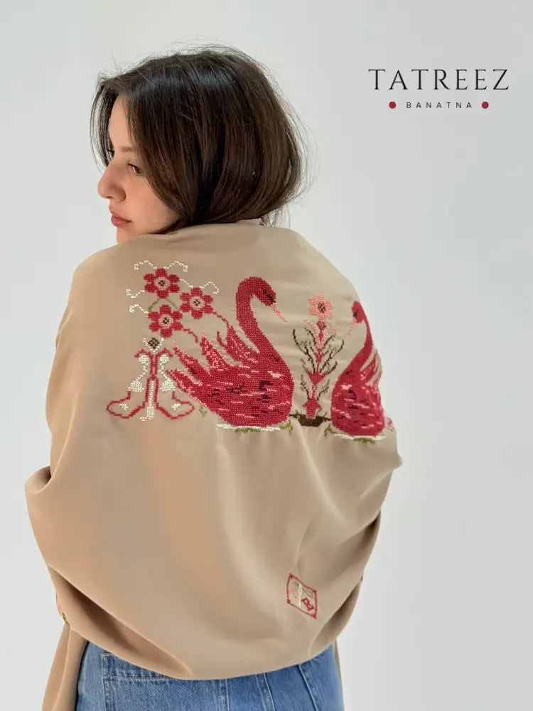 Beige georgette crepe shawl with red swan and floral embroidery, handmade by women artisans.