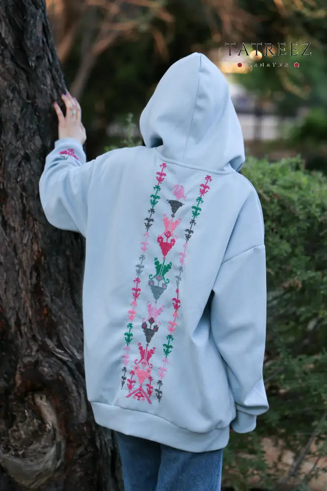 Swan Serenity Hoodie: Trendy Light Blue Handmade Hoodie with Motifs & Swan Bracelet Clothing & Wearables