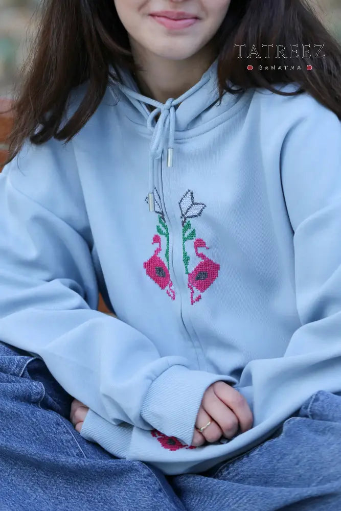 Swan Serenity Hoodie: Trendy Light Blue Handmade Hoodie with Motifs & Swan Bracelet Clothing & Wearables