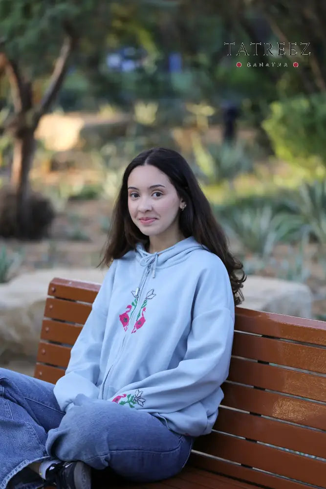 Swan Serenity Hoodie: Trendy Light Blue Handmade Hoodie with Motifs & Swan Bracelet Clothing & Wearables