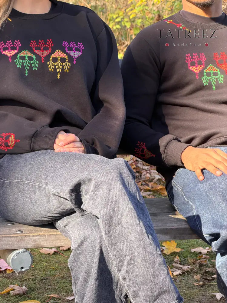 Handmade Embroidered Sweatshirt with Colorful Trees Blending Heritage and Modern Life Clothing & Wearables