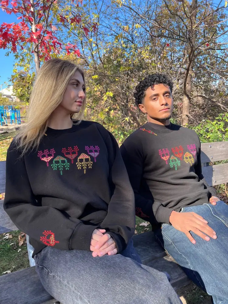Handmade Embroidered Sweatshirt with Colorful Trees Blending Heritage and Modern Life Clothing & Wearables