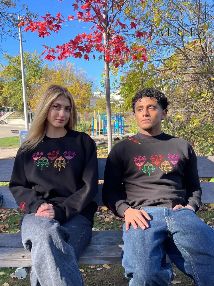 Handmade Embroidered Sweatshirt with Colorful Trees Blending Heritage and Modern Life Clothing & Wearables