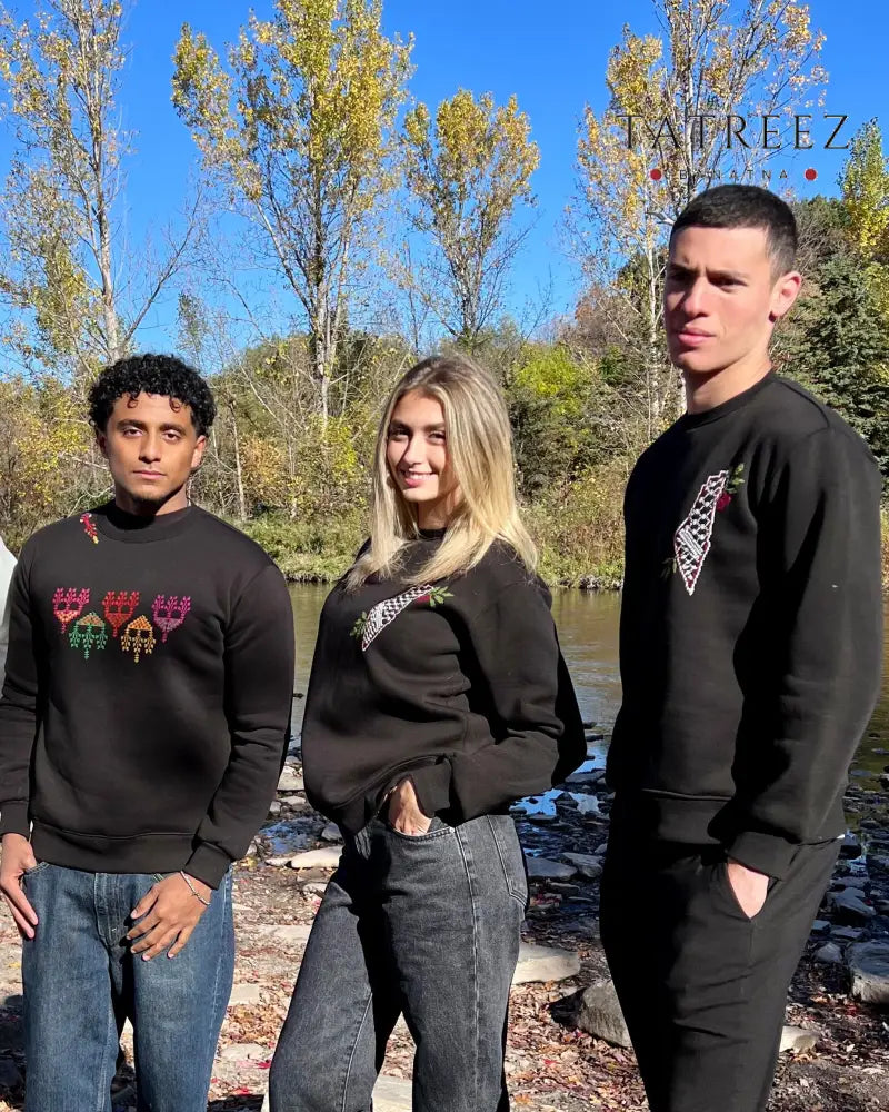 Handmade Embroidered Sweatshirt with Colorful Trees Blending Heritage and Modern Life Clothing & Wearables