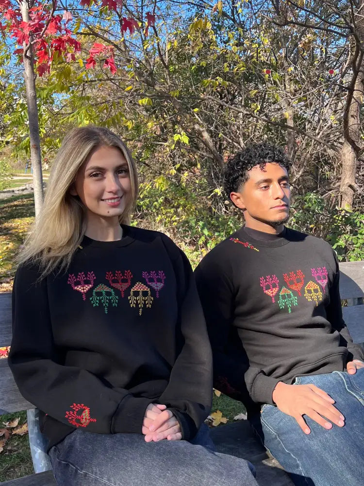 Handmade Embroidered Sweatshirt with Colorful Trees Blending Heritage and Modern Life Clothing & Wearables