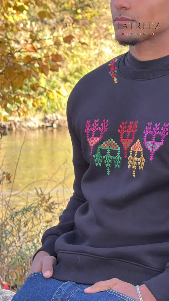 Handmade Embroidered Sweatshirt with Colorful Trees Blending Heritage and Modern Life Clothing & Wearables