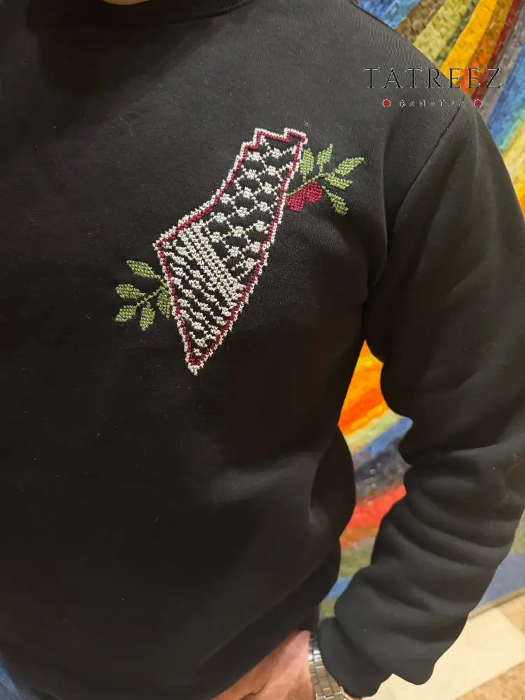 Handmade Embroidered Sweatshirt with Palestinian Map & Olive Branch Design Clothing & Wearables