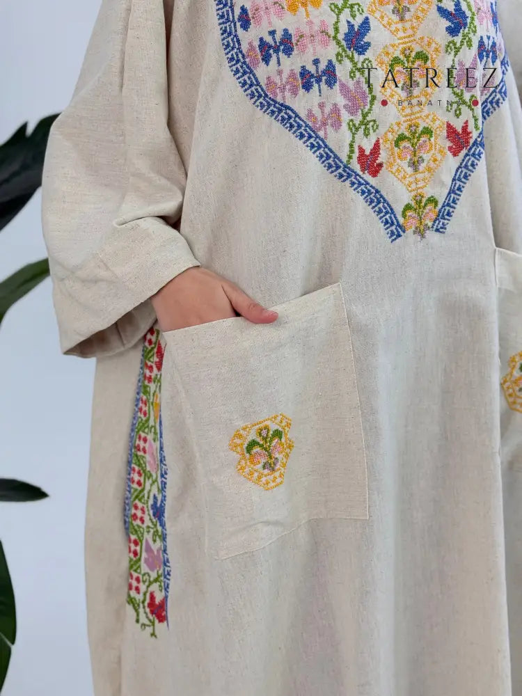 Tala - Young Tree Dress | Handcrafted White Georgette with Authentic Palestinian Embroidery One size Clothing &