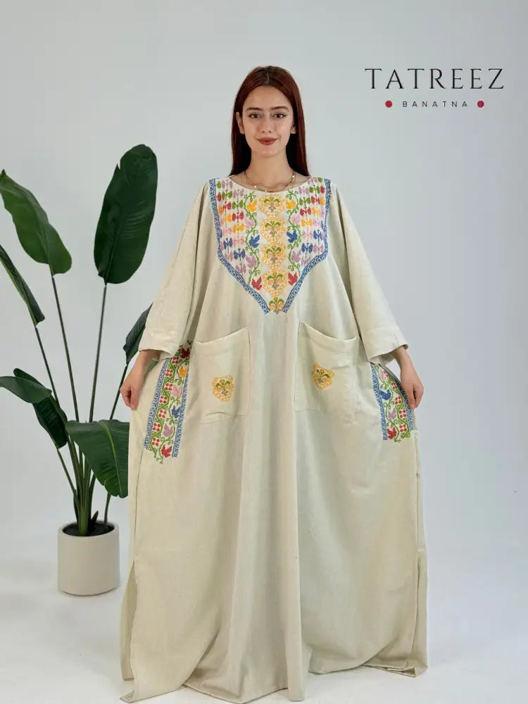 Tala - Young Tree Dress | Handcrafted White Georgette with Authentic Palestinian Embroidery One size Clothing &