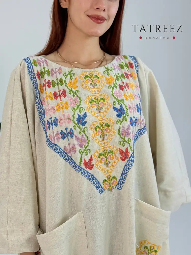Tala - Young Tree Dress | Handcrafted White Georgette with Authentic Palestinian Embroidery One size Clothing &