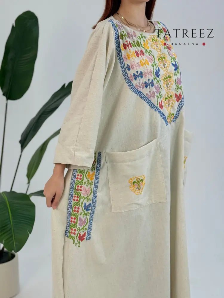 Tala - Young Tree Dress | Handcrafted White Georgette with Authentic Palestinian Embroidery One size Clothing &