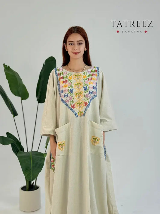Tala - Young Tree Dress | Handcrafted White Georgette with Authentic Palestinian Embroidery One size Clothing &