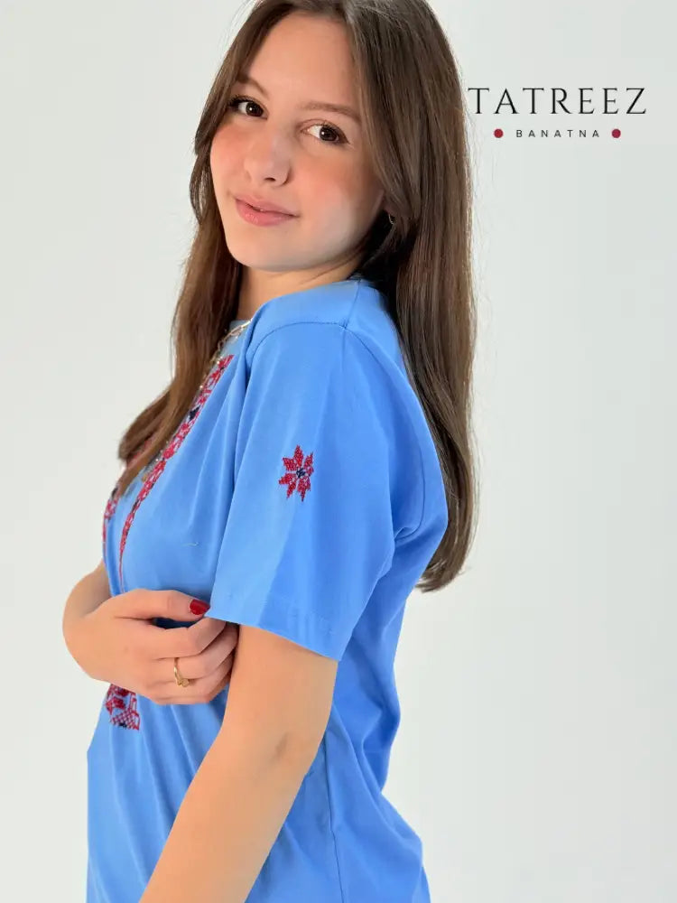 Tatreez U-Shaped Embroidery T-Shirt | Handmade Palestinian Cotton Tee Clothing & Wearables