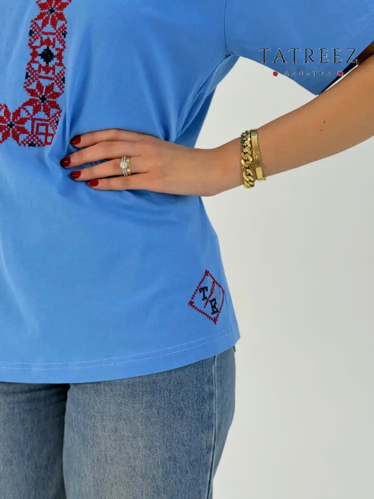 Tatreez U-Shaped Embroidery T-Shirt | Handmade Palestinian Cotton Tee Clothing & Wearables