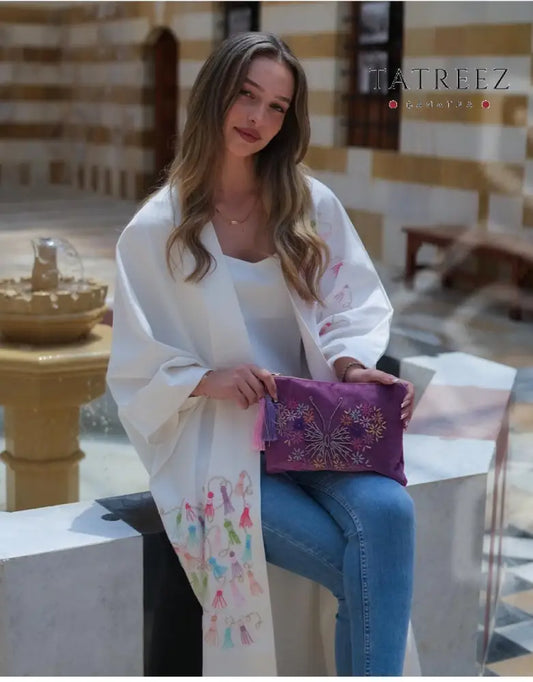 Handmade velvet clutch with butterfly and floral embroidery, Palestinian tatreez, purple bag with tassel