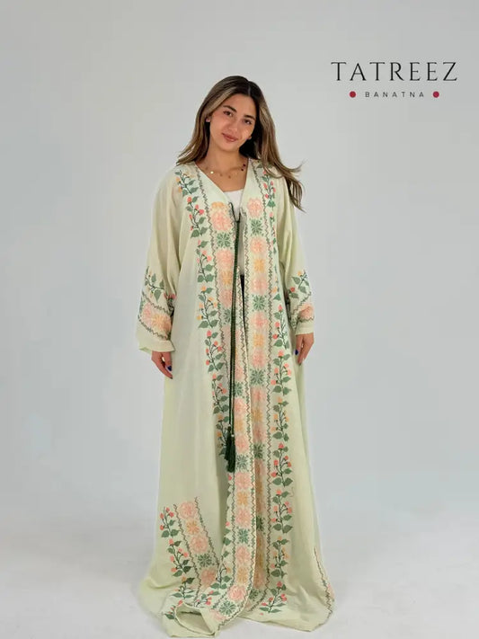 Warda: Elegant Linen Abaya with Magical Handmade Embroidery – Light Peach & Light Green – Support Palestinian Artisans