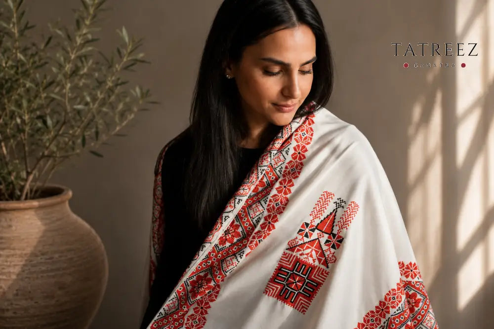 Whispers of Tradition Shawl | Beautiful Palestinian Embroidered Off-White Beige Shawl - Clothing & Wearables