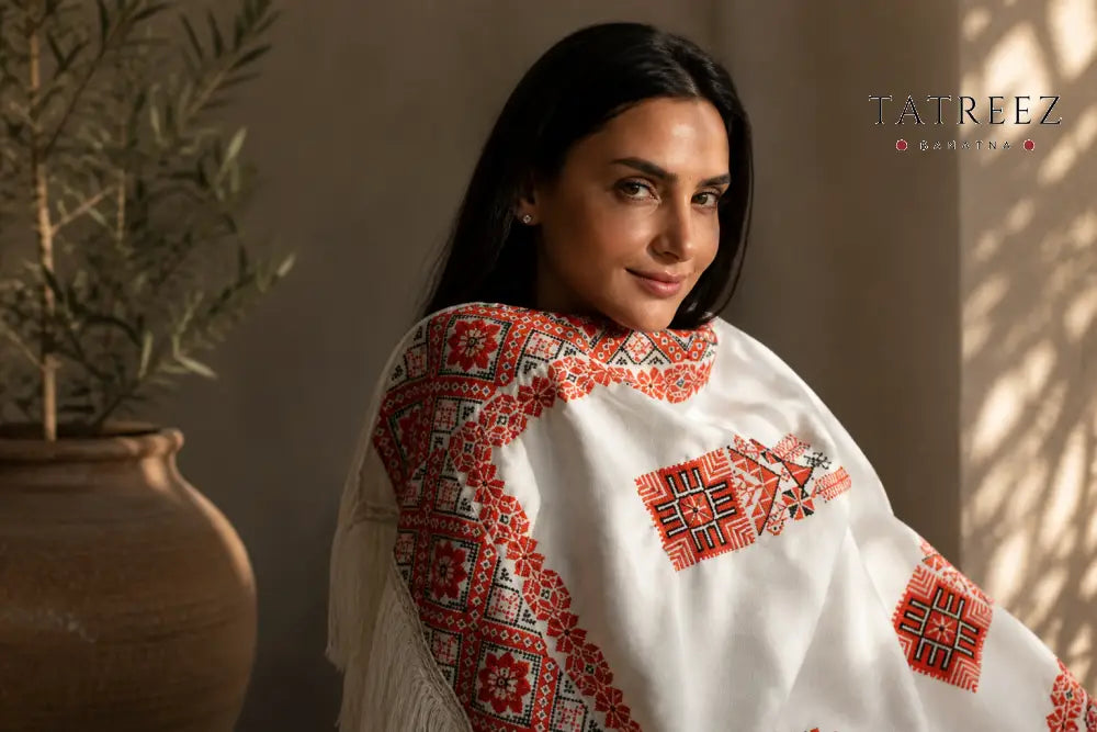 Whispers of Tradition Shawl | Beautiful Palestinian Embroidered Off-White Beige Shawl - Clothing & Wearables
