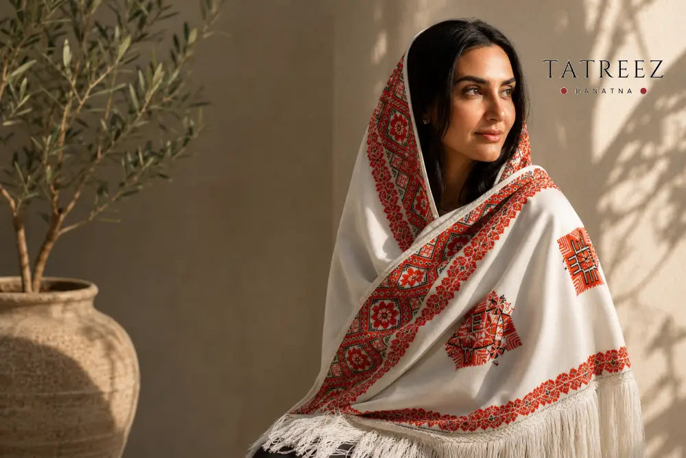 Whispers of Tradition Shawl | Beautiful Palestinian Embroidered Off-White Beige Shawl - Clothing & Wearables