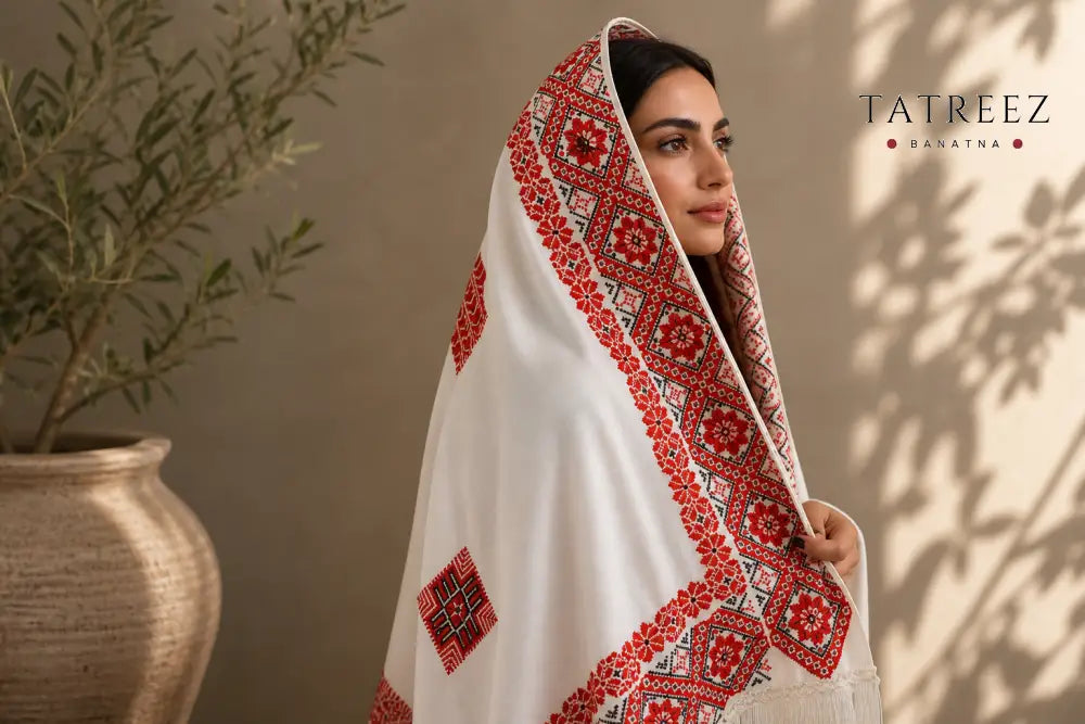 Whispers of Tradition Shawl | Beautiful Palestinian Embroidered Off-White Beige Shawl - Clothing & Wearables