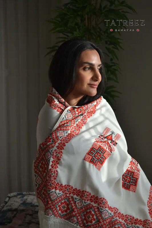 Whispers of Tradition Shawl | Beautiful Palestinian Embroidered Off-White Beige Shawl Clothing & Wearables