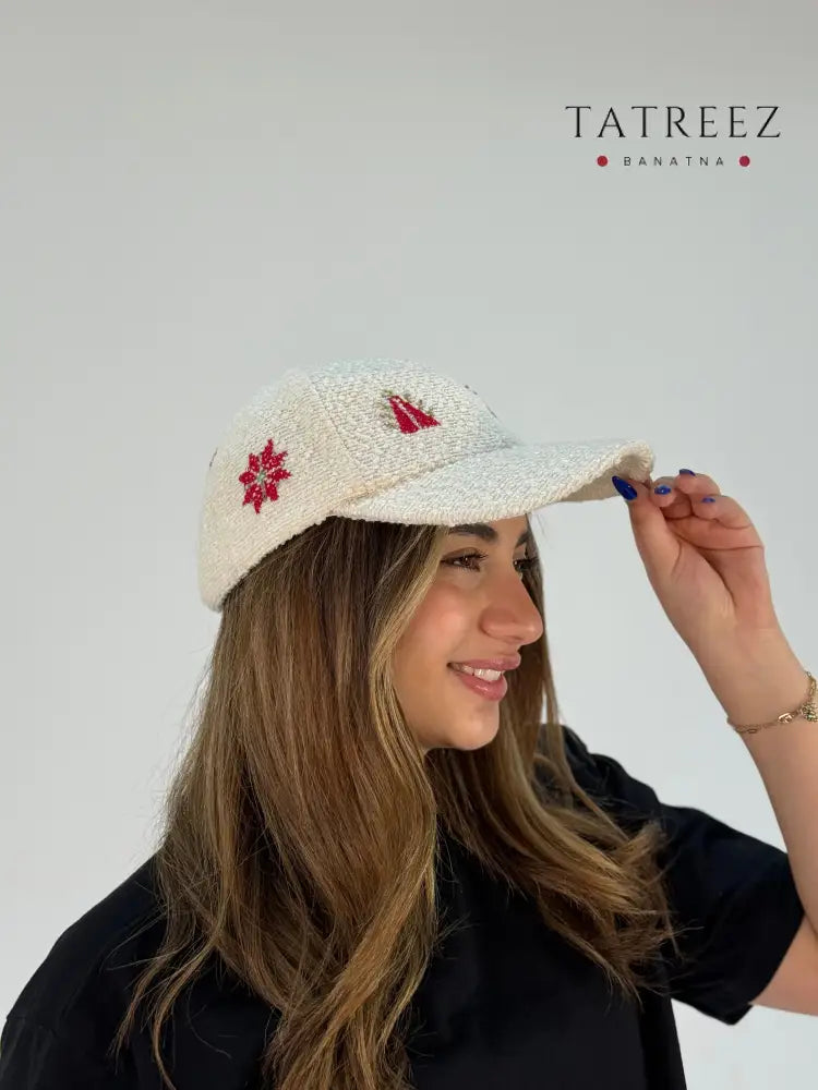 Snow-White Hat with Rich Red Embroidery – A Luxurious Statement Inspired by Palestinian Refugees Clothing & Wearables