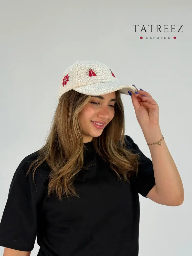 Snow-White Hat with Rich Red Embroidery – A Luxurious Statement Inspired by Palestinian Refugees Clothing & Wearables