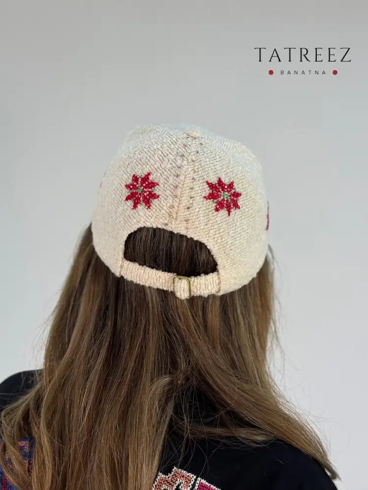 Snow-White Hat with Rich Red Embroidery – A Luxurious Statement Inspired by Palestinian Refugees Clothing & Wearables
