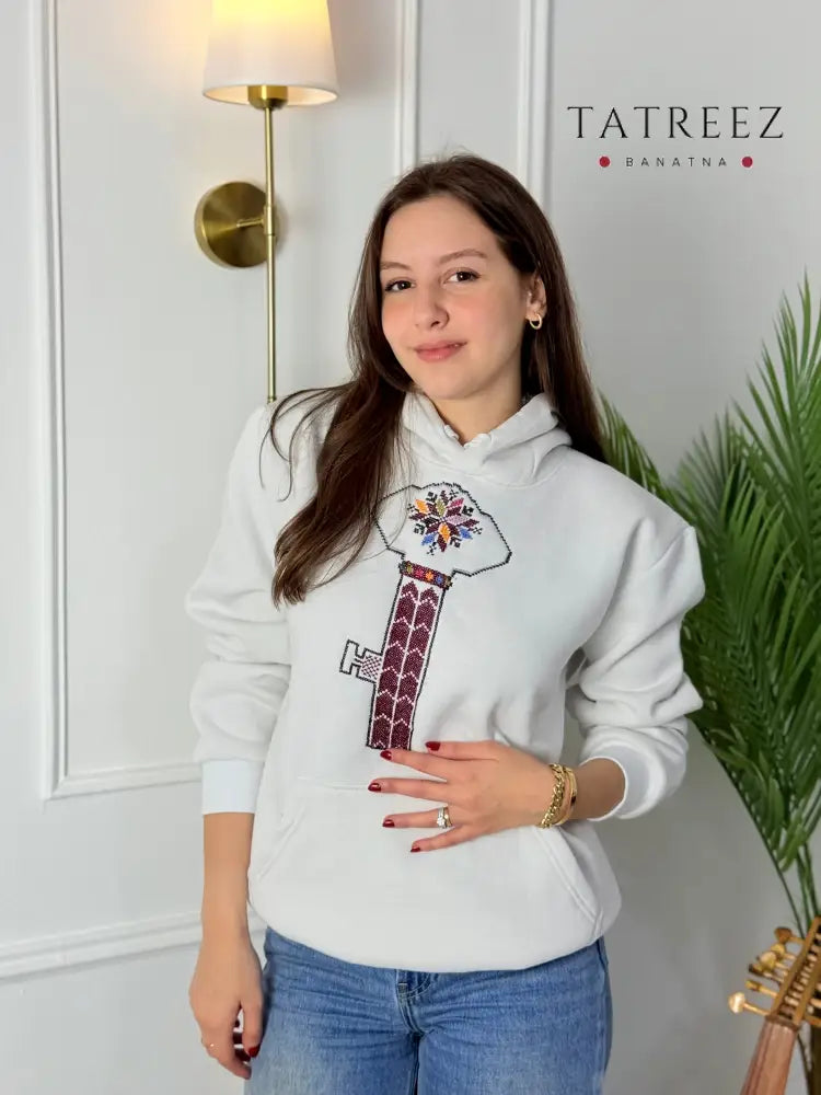 Hand-Embroidered White Hoodie with Key of Return | Tatreez Banatna Clothing & Wearables