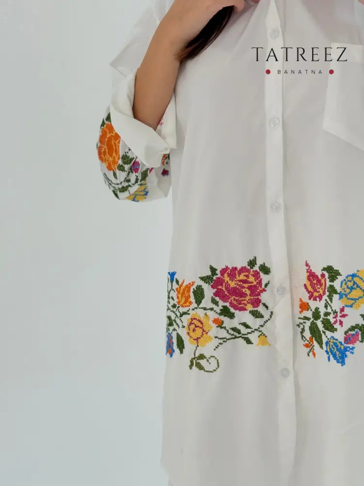 Handmade White Shirt with Elegant Floral Embroidery - Poplin Fabric Clothing & Wearables