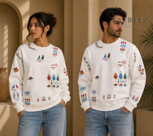 White Sweatshirt – Handmade Vibrant Palestinian Tatreez Motifs - Clothing & Wearables