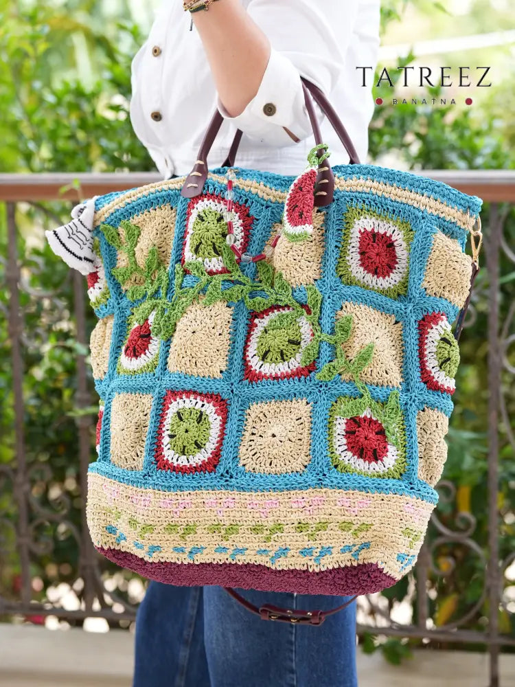XL Handmade Crochet Watermelon Kufiya Tote Bag | Tatreez Banatna Accessories