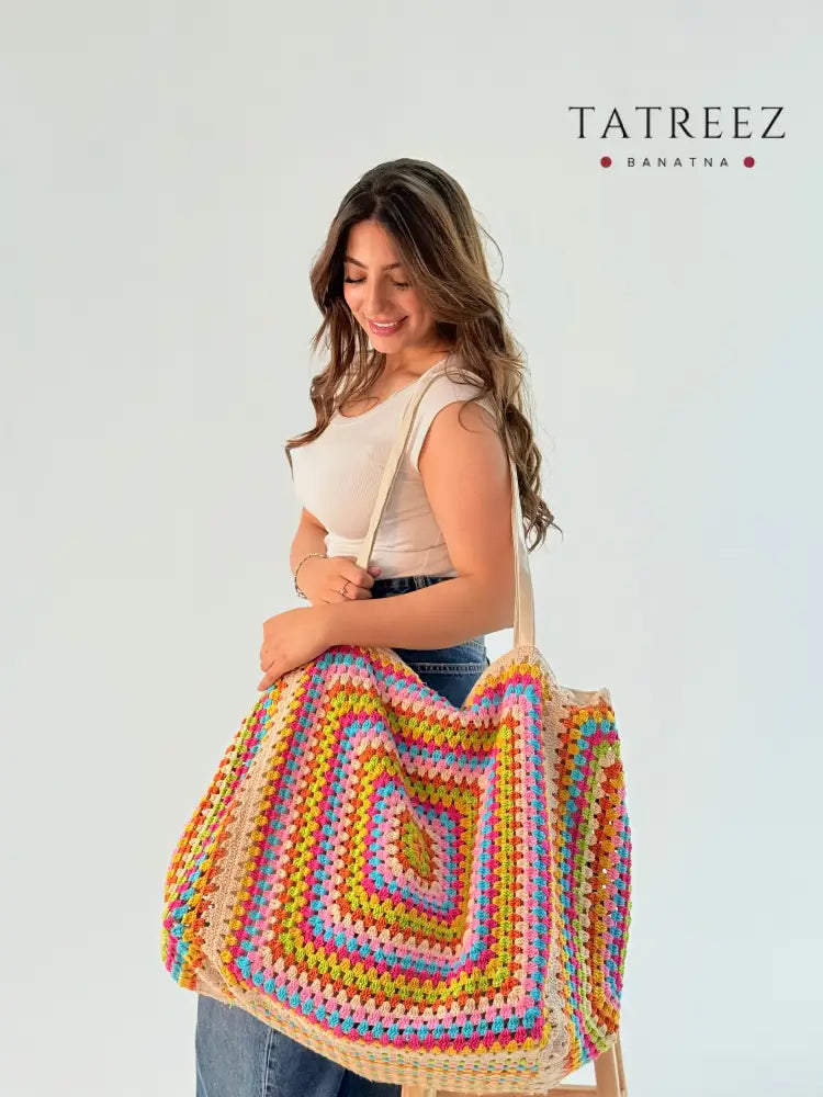 XXL Large Crochet Bag - Vibrant Yellow Purple Green Beige and White Accessories