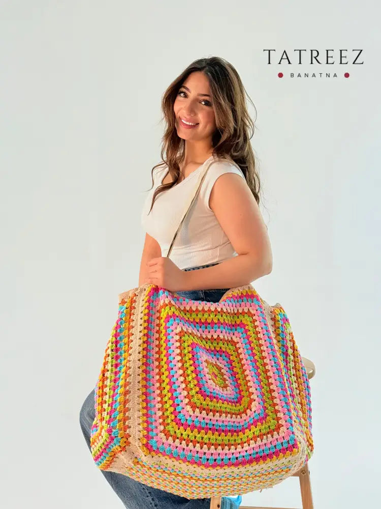 XXL Large Crochet Bag - Vibrant Yellow Purple Green Beige and White Accessories