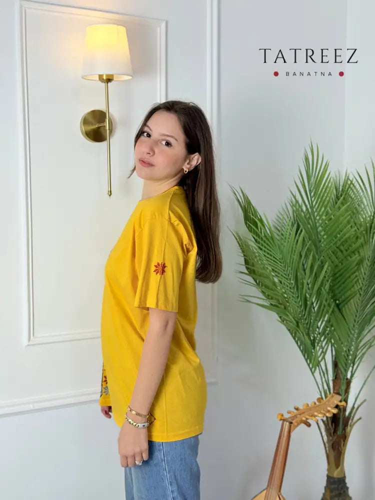 Handmade Yellow Embroidered T-Shirt | Floral Tatreez Design Clothing & Wearables