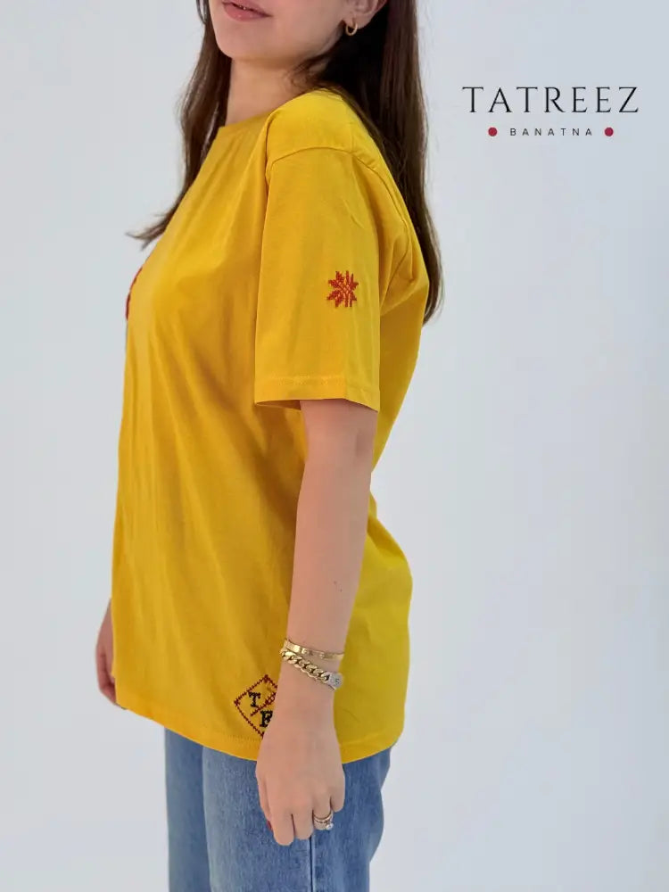 Handmade Yellow Embroidered T-Shirt | Floral Tatreez Design Clothing & Wearables