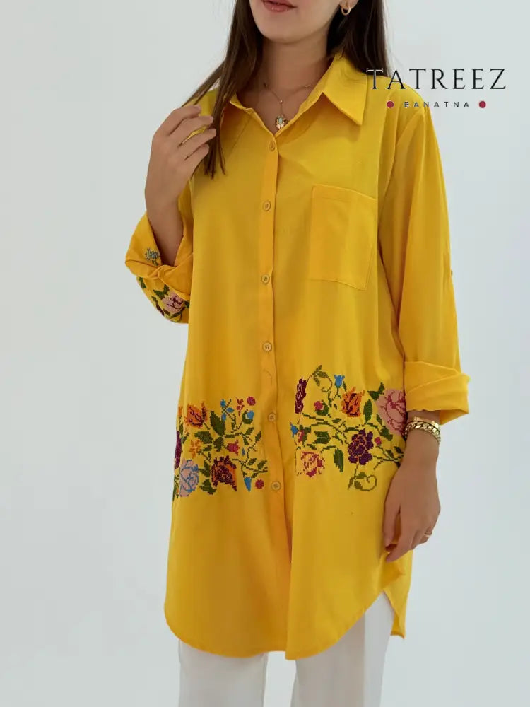 Handmade Yellow Shirt with Elegant Floral Embroidery - Poplin Fabric Clothing & Wearables