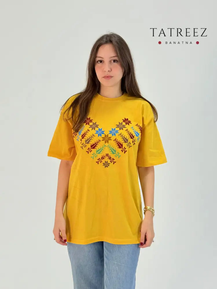 Yellow T-Shirt with Kanaan Star Embroidery | Handmade Palestinian Tee Clothing & Wearables