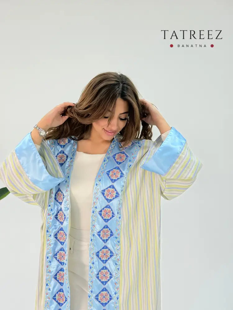 Zahra Abaya: Handmade Baby Blue Striped Satin and Cornish Satin Fabric with Elegant Front and Back Embroidery –