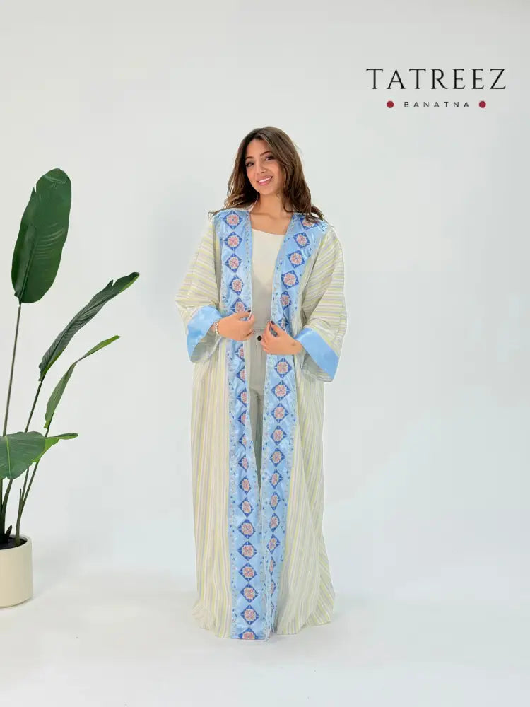 Zahra Abaya: Handmade Baby Blue Striped Satin and Cornish Satin Fabric with Elegant Front and Back Embroidery –