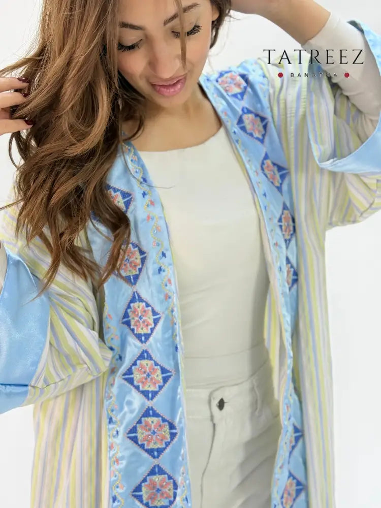 Zahra Abaya: Handmade Baby Blue Striped Satin and Cornish Satin Fabric with Elegant Front and Back Embroidery –